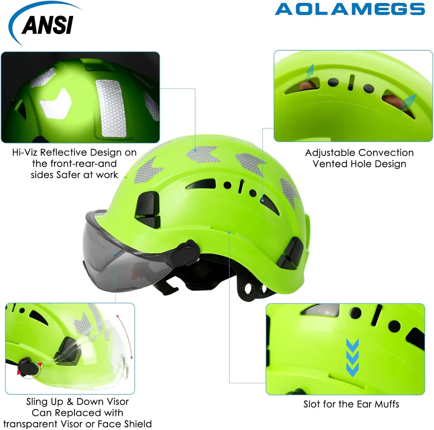 AOLAMEGS Construction Safety Hard Hat - ANSI Z89.1 Type Ι OSHA Approved Safety Helmets with Chin Straps Lightweight Reflective Vented ABS Hard Hats For Men Women Industrial Workwear 6-point Suspension