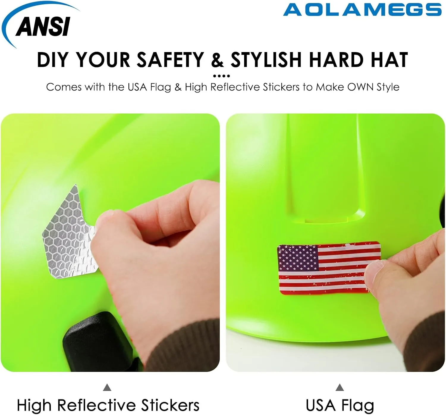 AOLAMEGS Construction Safety Hard Hat - ANSI Z89.1 Type Ι OSHA Approved Safety Helmets with Chin Straps Lightweight Reflective Vented ABS Hard Hats For Men Women Industrial Workwear 6-point Suspension