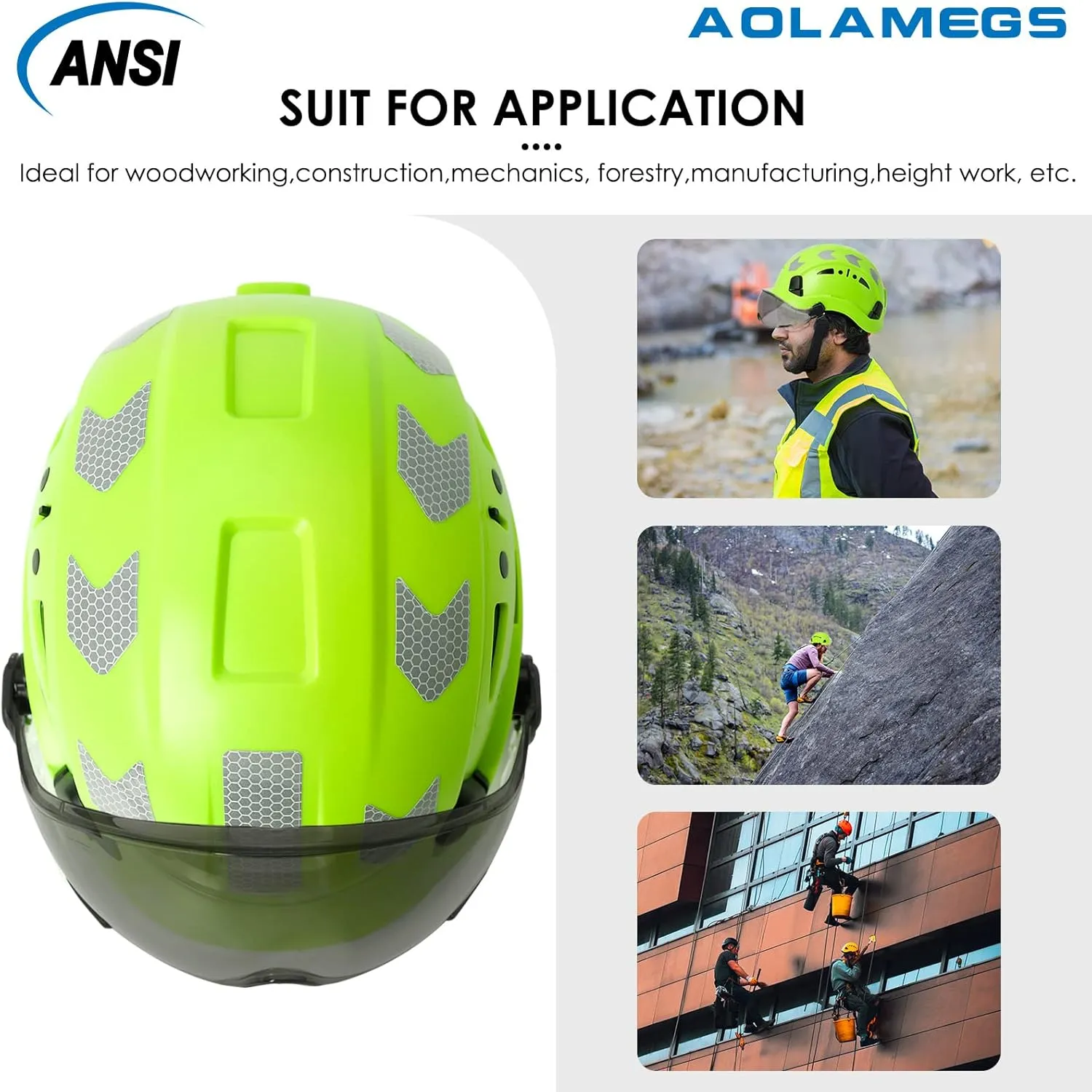AOLAMEGS Construction Safety Hard Hat - ANSI Z89.1 Type Ι OSHA Approved Safety Helmets with Chin Straps Lightweight Reflective Vented ABS Hard Hats For Men Women Industrial Workwear 6-point Suspension
