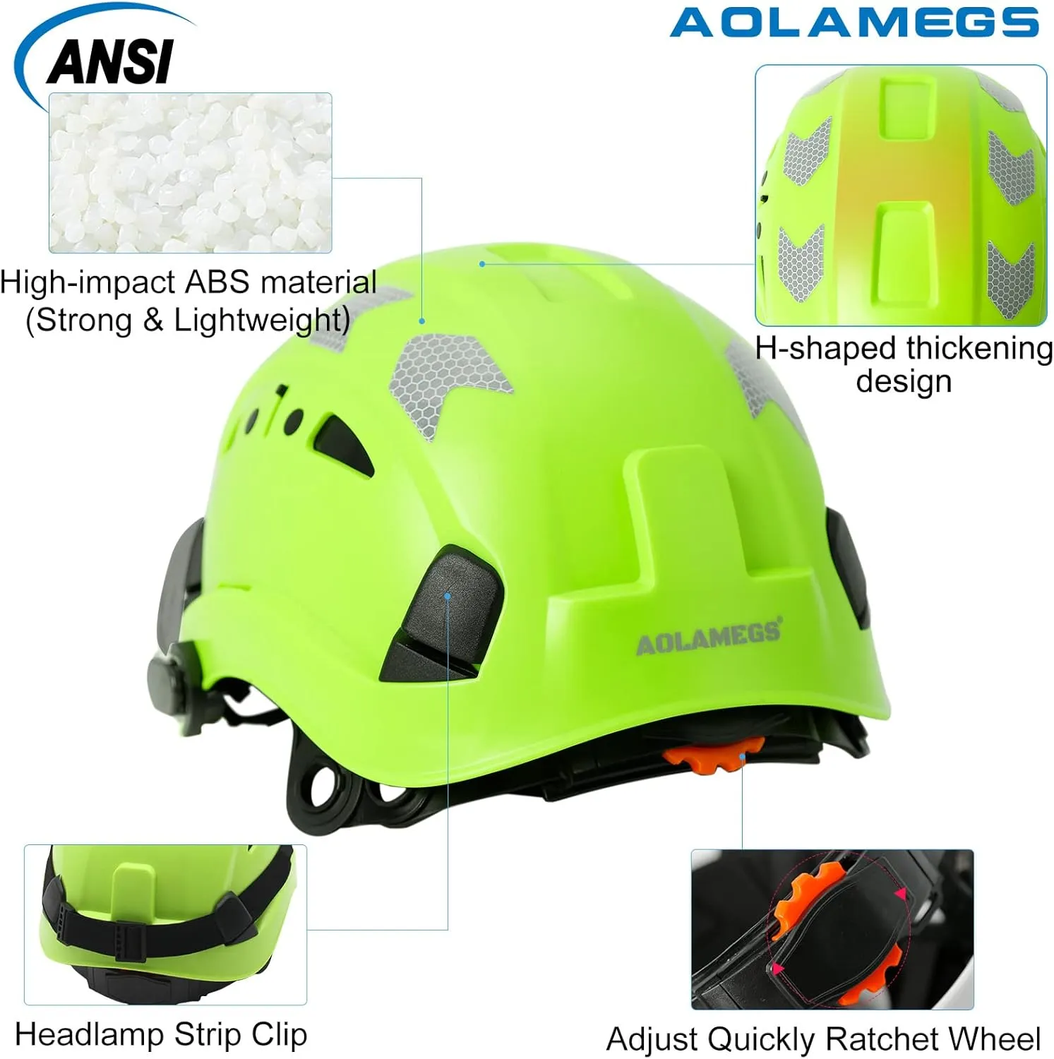 AOLAMEGS Construction Safety Hard Hat - ANSI Z89.1 Type Ι OSHA Approved Safety Helmets with Chin Straps Lightweight Reflective Vented ABS Hard Hats For Men Women Industrial Workwear 6-point Suspension