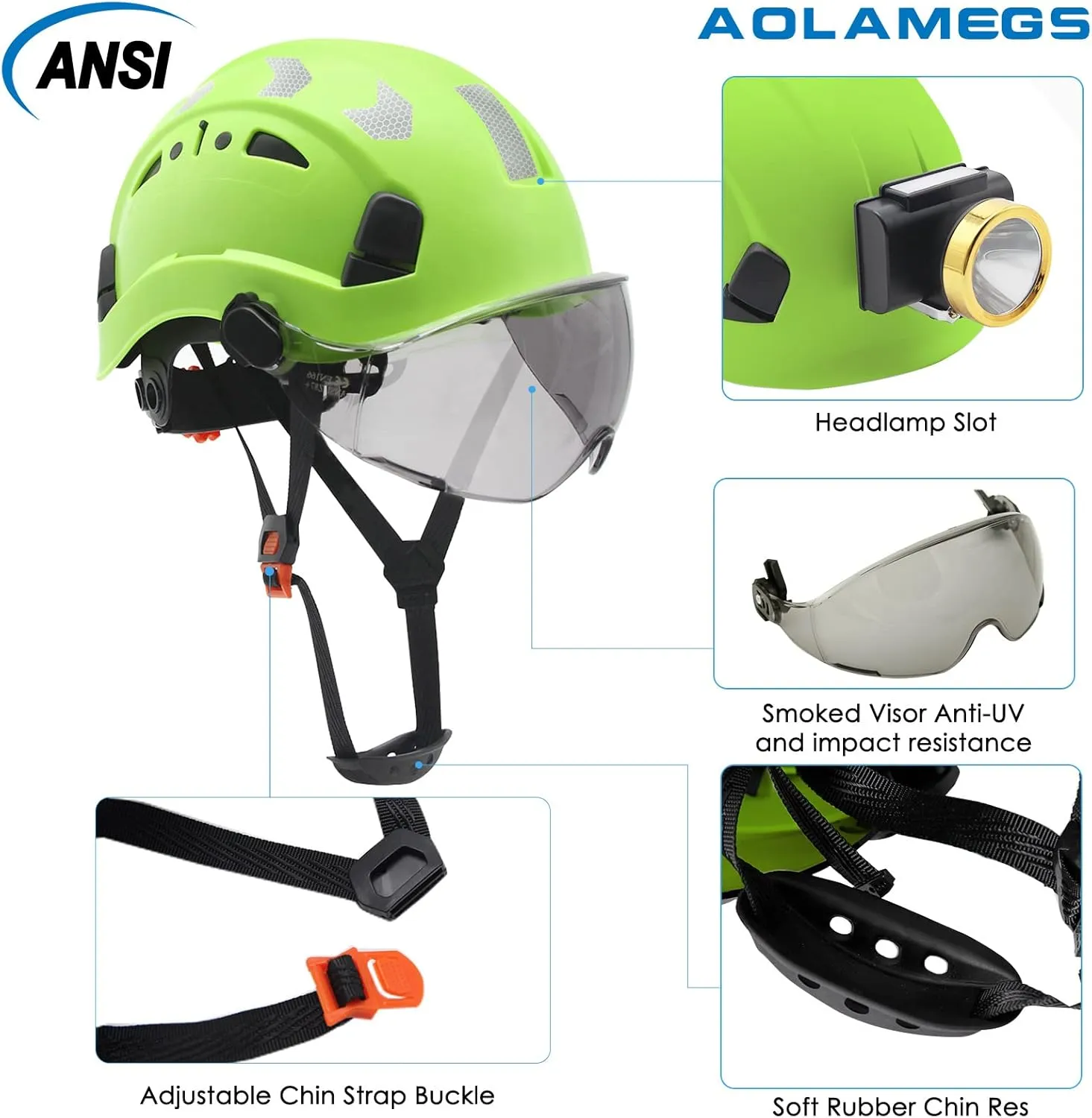 AOLAMEGS Construction Safety Hard Hat - ANSI Z89.1 Type Ι OSHA Approved Safety Helmets with Chin Straps Lightweight Reflective Vented ABS Hard Hats For Men Women Industrial Workwear 6-point Suspension