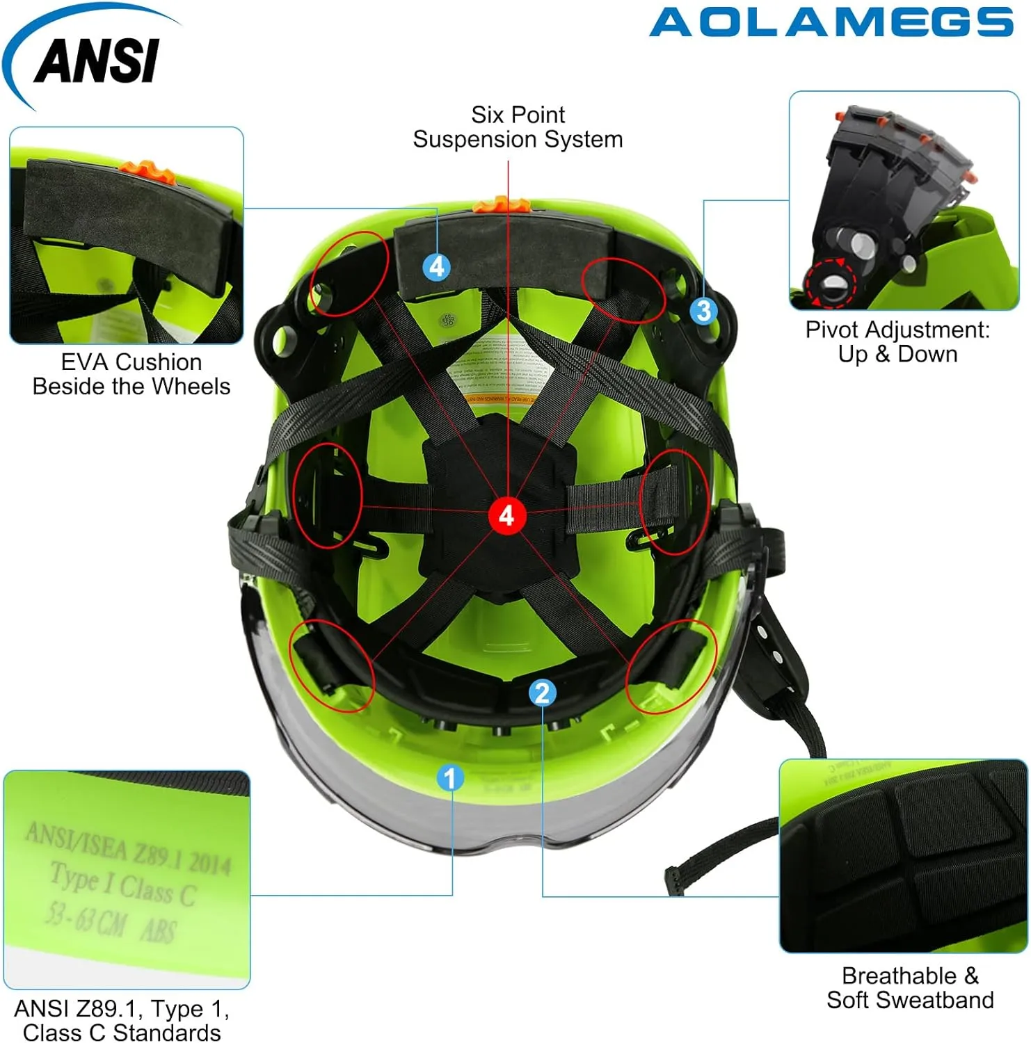 AOLAMEGS Construction Safety Hard Hat - ANSI Z89.1 Type Ι OSHA Approved Safety Helmets with Chin Straps Lightweight Reflective Vented ABS Hard Hats For Men Women Industrial Workwear 6-point Suspension