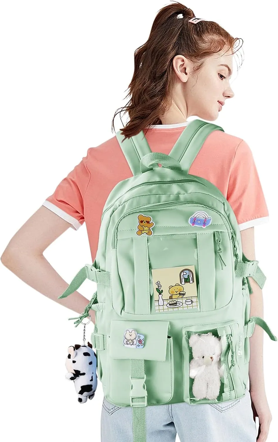 AoMoon Kawaii Backpack Lovely Pastel Rucksack for Teen Girls Aesthetic Student Bookbags with Kawaii Pin and Cute Accessories (Light Green-C)