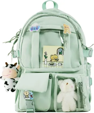 AoMoon Kawaii Backpack Lovely Pastel Rucksack for Teen Girls Aesthetic Student Bookbags with Kawaii Pin and Cute Accessories (Light Green-C)