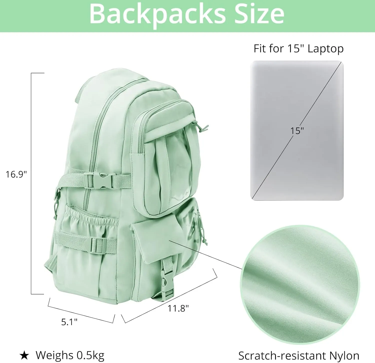 AoMoon Kawaii Backpack Lovely Pastel Rucksack for Teen Girls Aesthetic Student Bookbags with Kawaii Pin and Cute Accessories (Light Green-C)