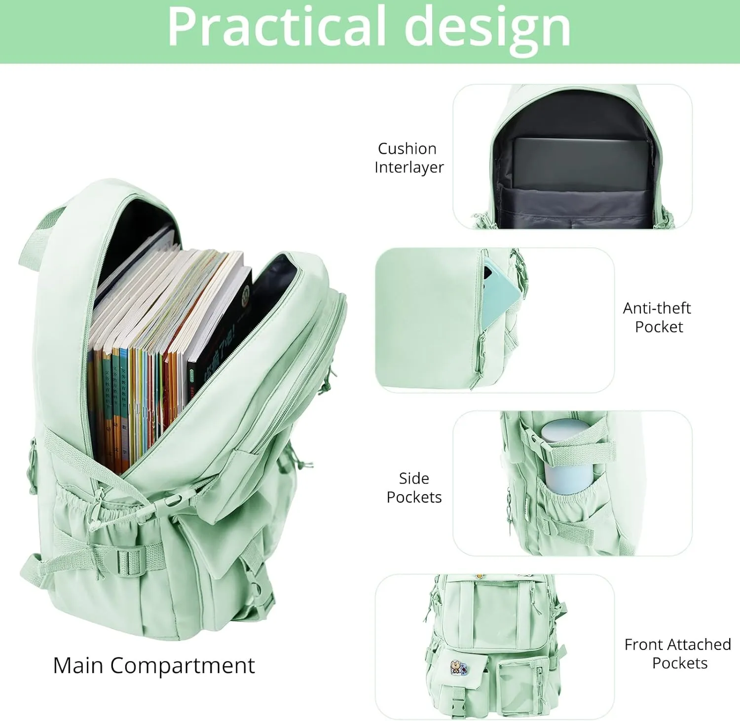 AoMoon Kawaii Backpack Lovely Pastel Rucksack for Teen Girls Aesthetic Student Bookbags with Kawaii Pin and Cute Accessories (Light Green-C)