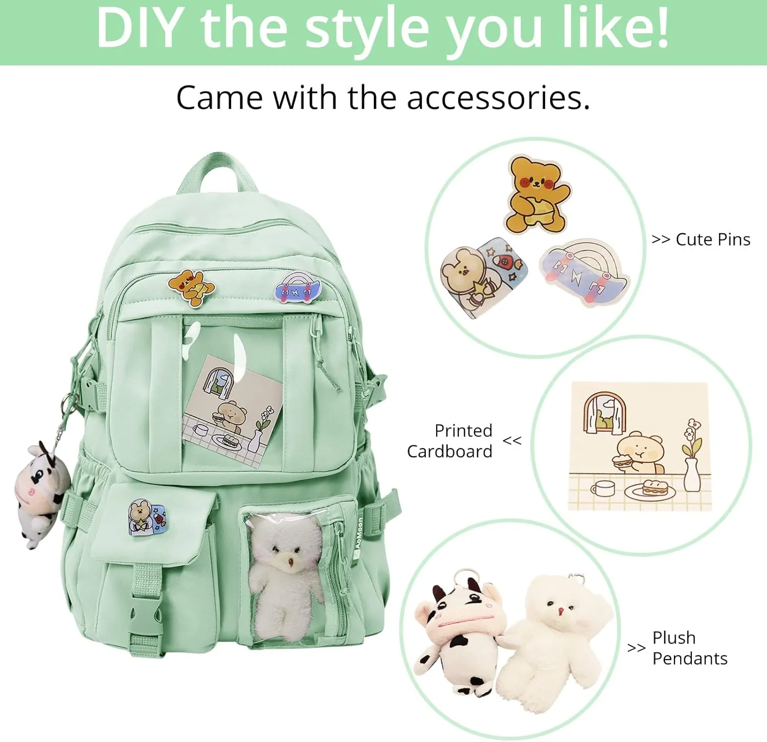 AoMoon Kawaii Backpack Lovely Pastel Rucksack for Teen Girls Aesthetic Student Bookbags with Kawaii Pin and Cute Accessories (Light Green-C)