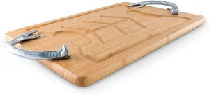 Arthur Court Aluminum Metal Antler Handle on Wood Carving/Cheese Board Large Tray for Serving Meats or Appetizer 23.5 inch Long x 13 inch Wide