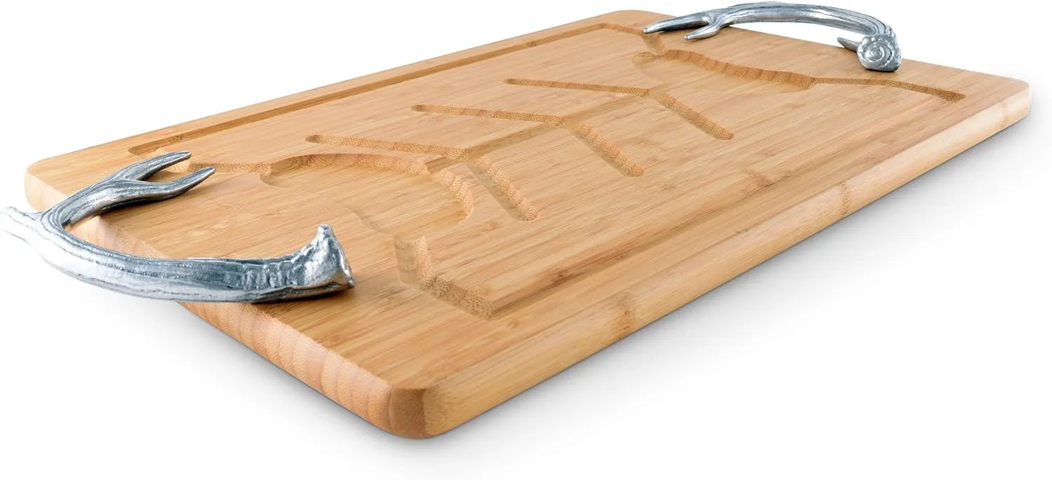 Arthur Court Aluminum Metal Antler Handle on Wood Carving/Cheese Board Large Tray for Serving Meats or Appetizer 23.5 inch Long x 13 inch Wide