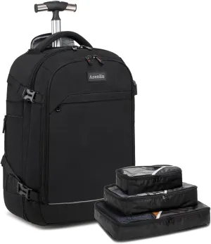 Asenlin 40L Rolling Backpack for Travel，Water Resistant Wheeled Laptop Backpack for Business，Fits 15.6-17 Inch Notebook，Durable Roller Computer Backpack for Women Men，Black