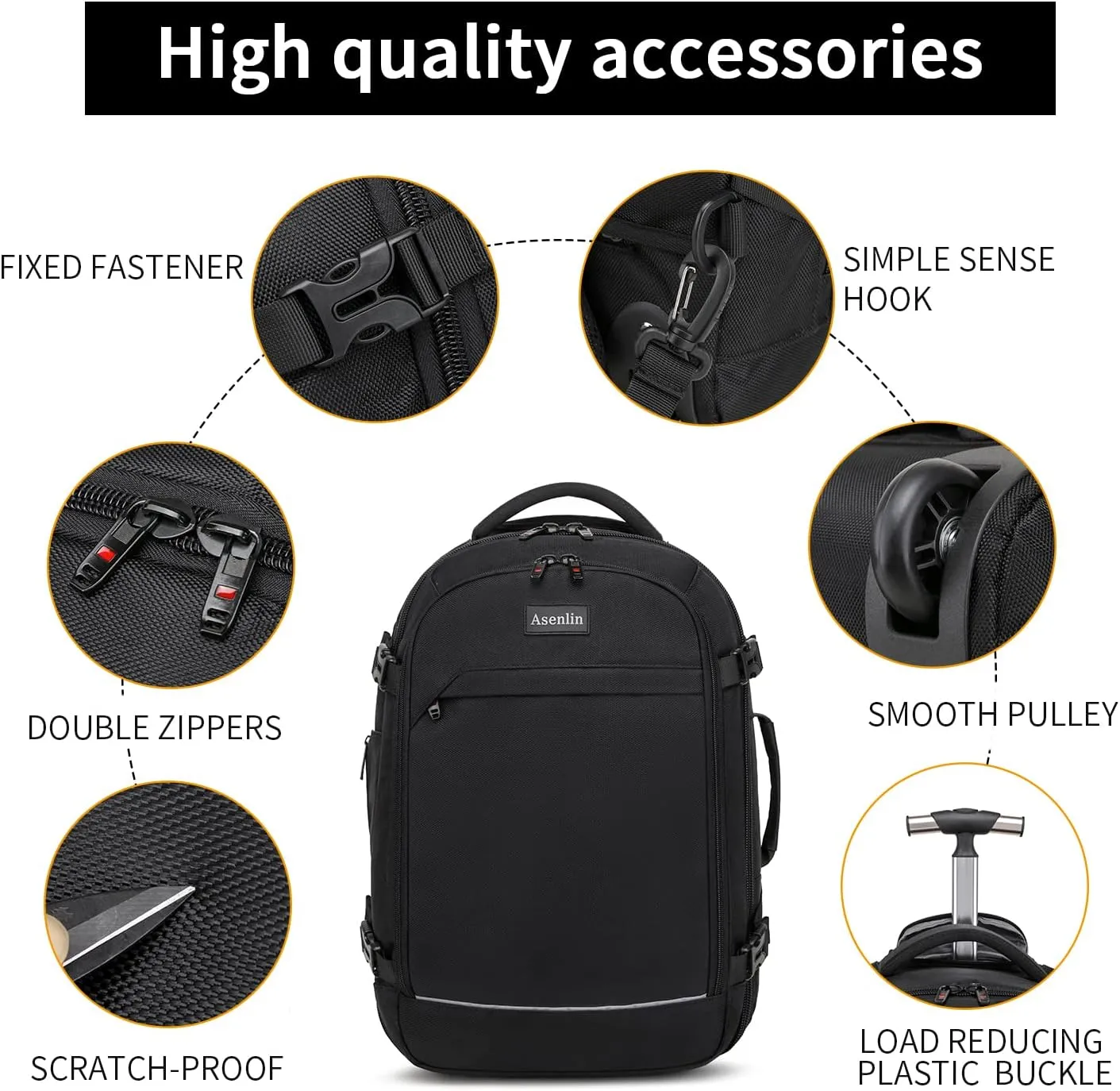 Asenlin 40L Rolling Backpack for Travel，Water Resistant Wheeled Laptop Backpack for Business，Fits 15.6-17 Inch Notebook，Durable Roller Computer Backpack for Women Men，Black
