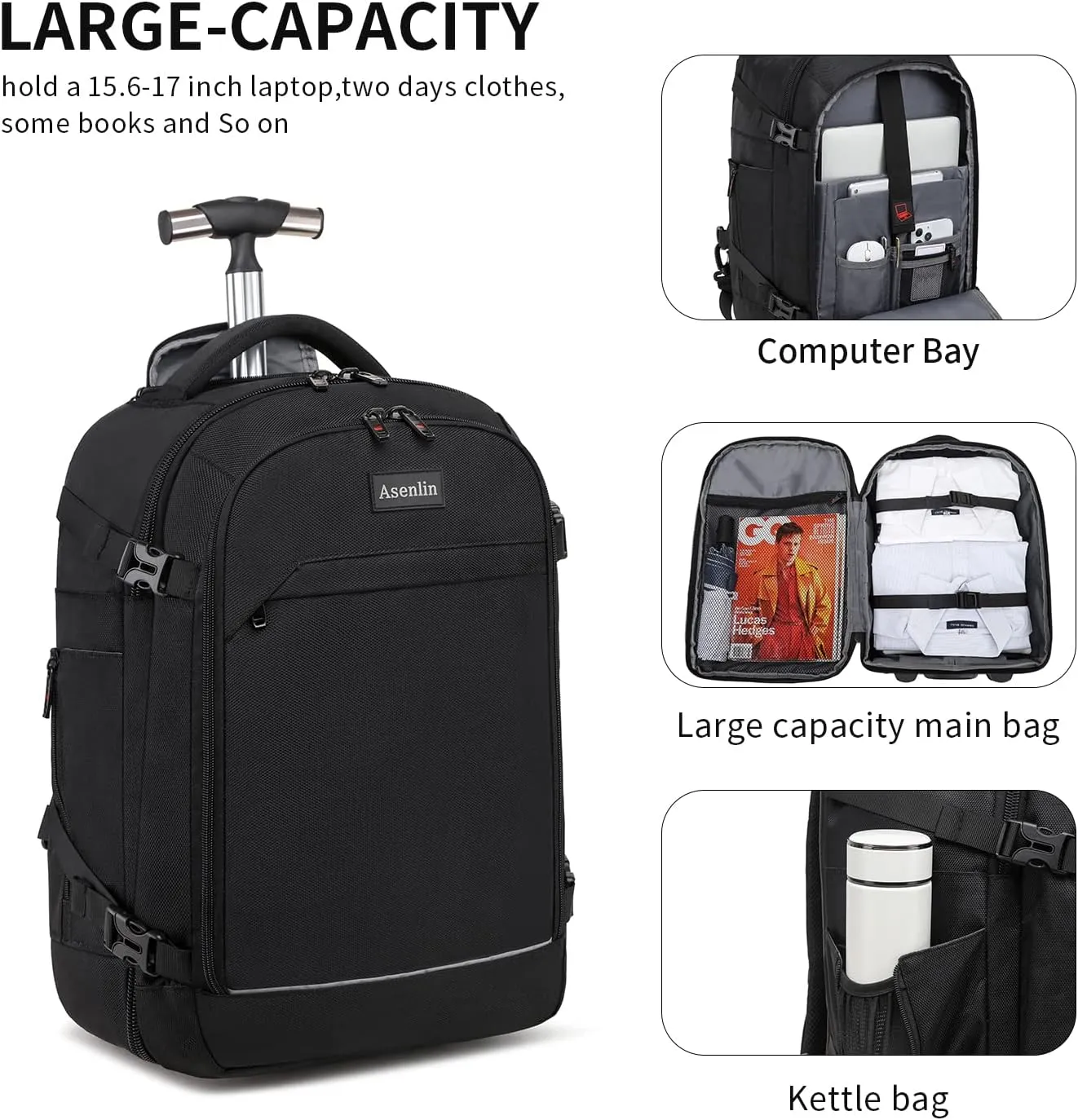 Asenlin 40L Rolling Backpack for Travel，Water Resistant Wheeled Laptop Backpack for Business，Fits 15.6-17 Inch Notebook，Durable Roller Computer Backpack for Women Men，Black