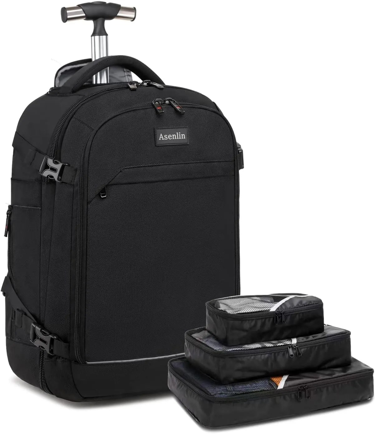 Asenlin 40L Rolling Backpack for Travel，Water Resistant Wheeled Laptop Backpack for Business，Fits 15.6-17 Inch Notebook，Durable Roller Computer Backpack for Women Men，Black