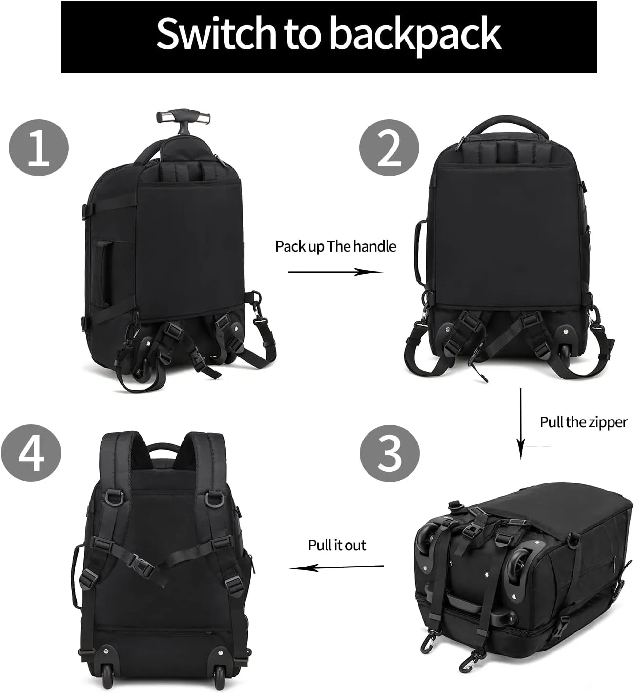 Asenlin 40L Rolling Backpack for Travel，Water Resistant Wheeled Laptop Backpack for Business，Fits 15.6-17 Inch Notebook，Durable Roller Computer Backpack for Women Men，Black