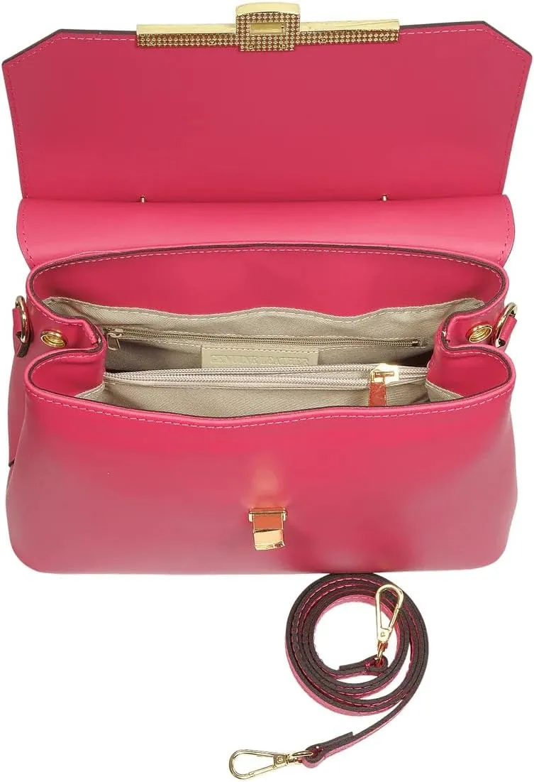 Atlanta Top Handle Satchel Bag, Genuine Leather, 10.6 x 8.7 x 4.7 inches, Gold Hardware
