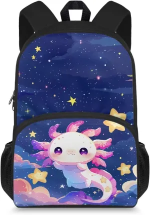 Axolotl Backpack for Girls Who Like Reading 15 Inch School Bag for 4-6 6-8 Kids Elementary School Bookbag with Side Water Pocket Cute Schoolbag for 2nd Grade Student