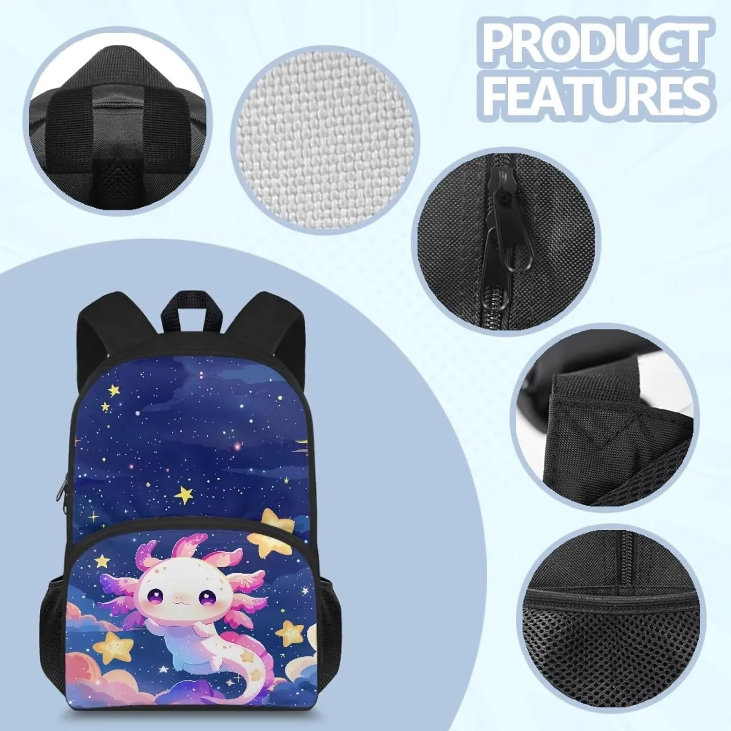Axolotl Backpack for Girls Who Like Reading 15 Inch School Bag for 4-6 6-8 Kids Elementary School Bookbag with Side Water Pocket Cute Schoolbag for 2nd Grade Student