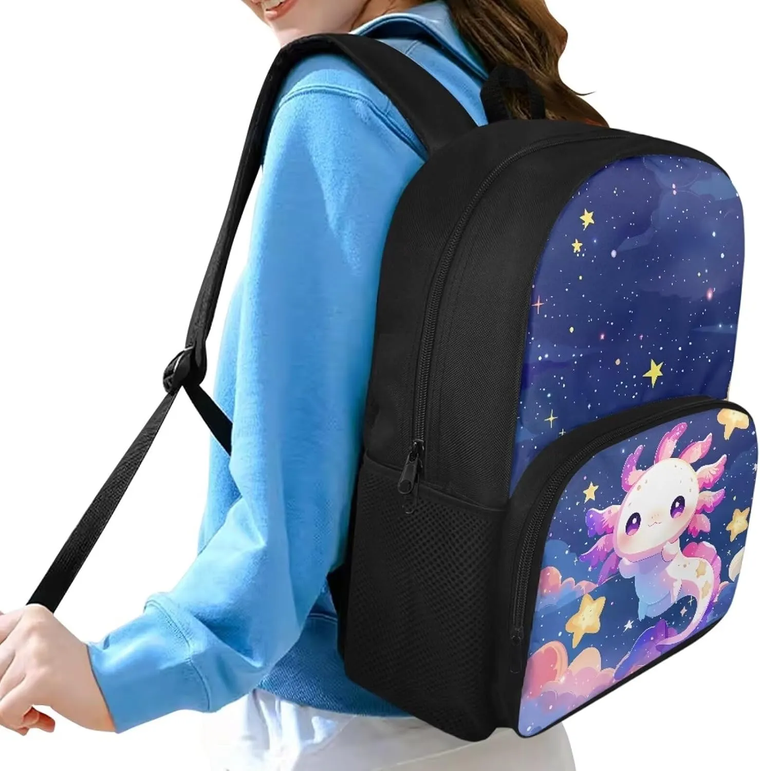 Axolotl Backpack for Girls Who Like Reading 15 Inch School Bag for 4-6 6-8 Kids Elementary School Bookbag with Side Water Pocket Cute Schoolbag for 2nd Grade Student
