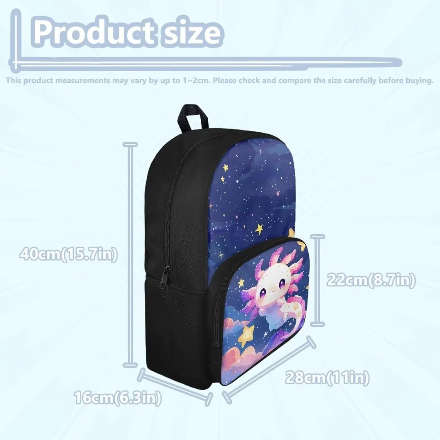 Axolotl Backpack for Girls Who Like Reading 15 Inch School Bag for 4-6 6-8 Kids Elementary School Bookbag with Side Water Pocket Cute Schoolbag for 2nd Grade Student