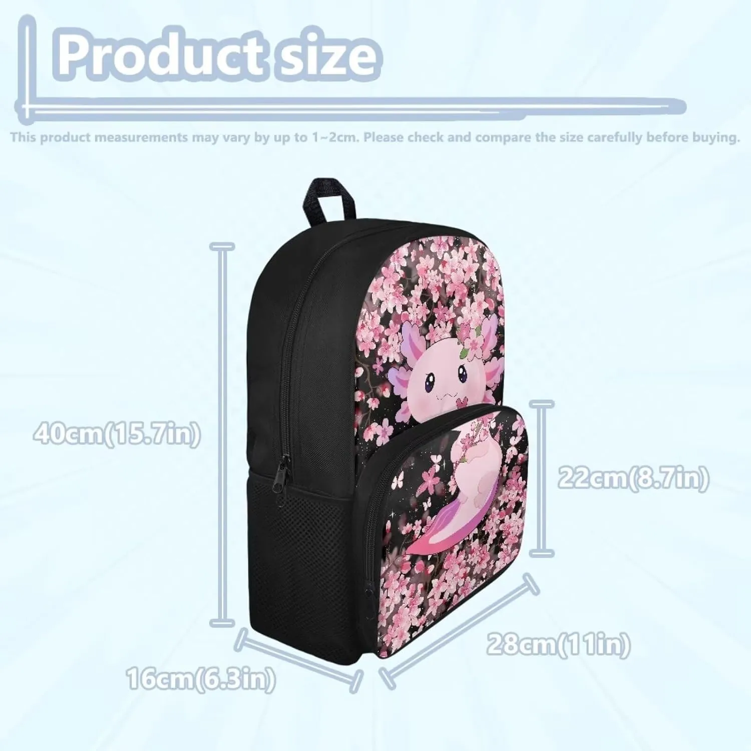 Axolotl School Backpack for Girls 3rd Grade Kawaii Primary School Bookbag 15 Inch Schoolbag with Side Water Pocket for 6-8 Large Capacity Book Bags Cherry Blossom School Bags