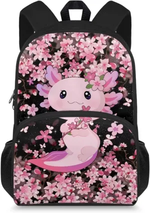Axolotl School Backpack for Girls 3rd Grade Kawaii Primary School Bookbag 15 Inch Schoolbag with Side Water Pocket for 6-8 Large Capacity Book Bags Cherry Blossom School Bags