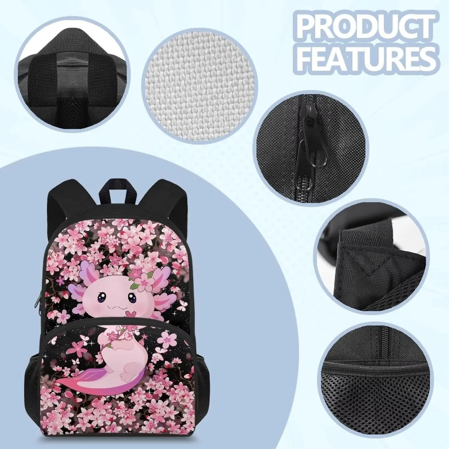Axolotl School Backpack for Girls 3rd Grade Kawaii Primary School Bookbag 15 Inch Schoolbag with Side Water Pocket for 6-8 Large Capacity Book Bags Cherry Blossom School Bags