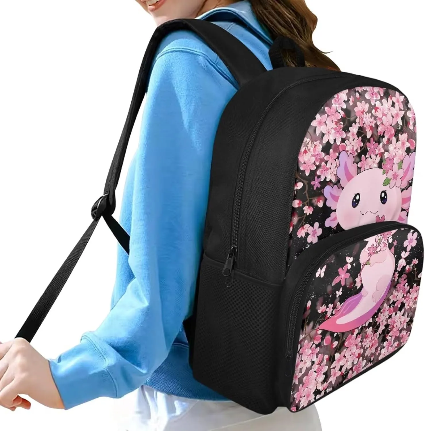 Axolotl School Backpack for Girls 3rd Grade Kawaii Primary School Bookbag 15 Inch Schoolbag with Side Water Pocket for 6-8 Large Capacity Book Bags Cherry Blossom School Bags