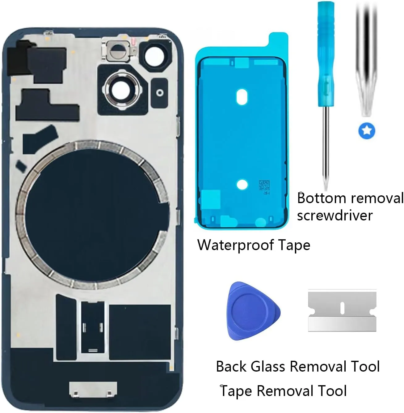 Back Glass Replacement for iPhone 15 Rear Back Cover Glass with Logo Waterproof and Camera Lens Professional Repair Tool Kit (Blue)