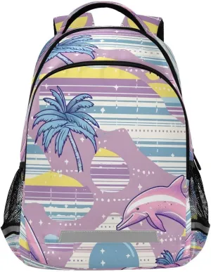 Backpack Bookbag Pink Plam Tree with Jump Dolphin School Bag Travel Bag for Girls Boys Teen