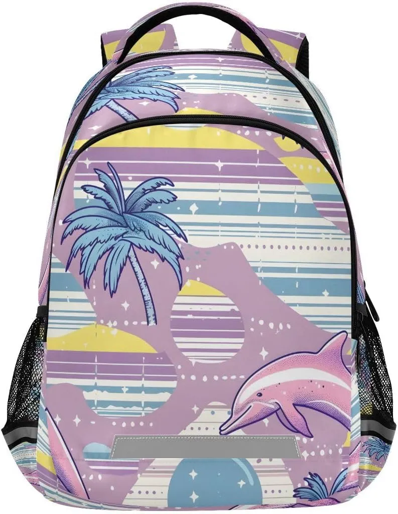 Backpack Bookbag Pink Plam Tree with Jump Dolphin School Bag Travel Bag for Girls Boys Teen