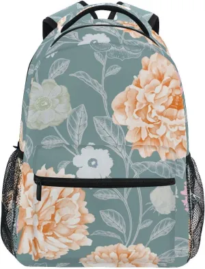 Backpack Daypack Peony Floral Flower Rose Branches Vintage Grey Botanical Shoulder Bag with Name Label Tag With Padded Shoulder Strap Large Medium Size