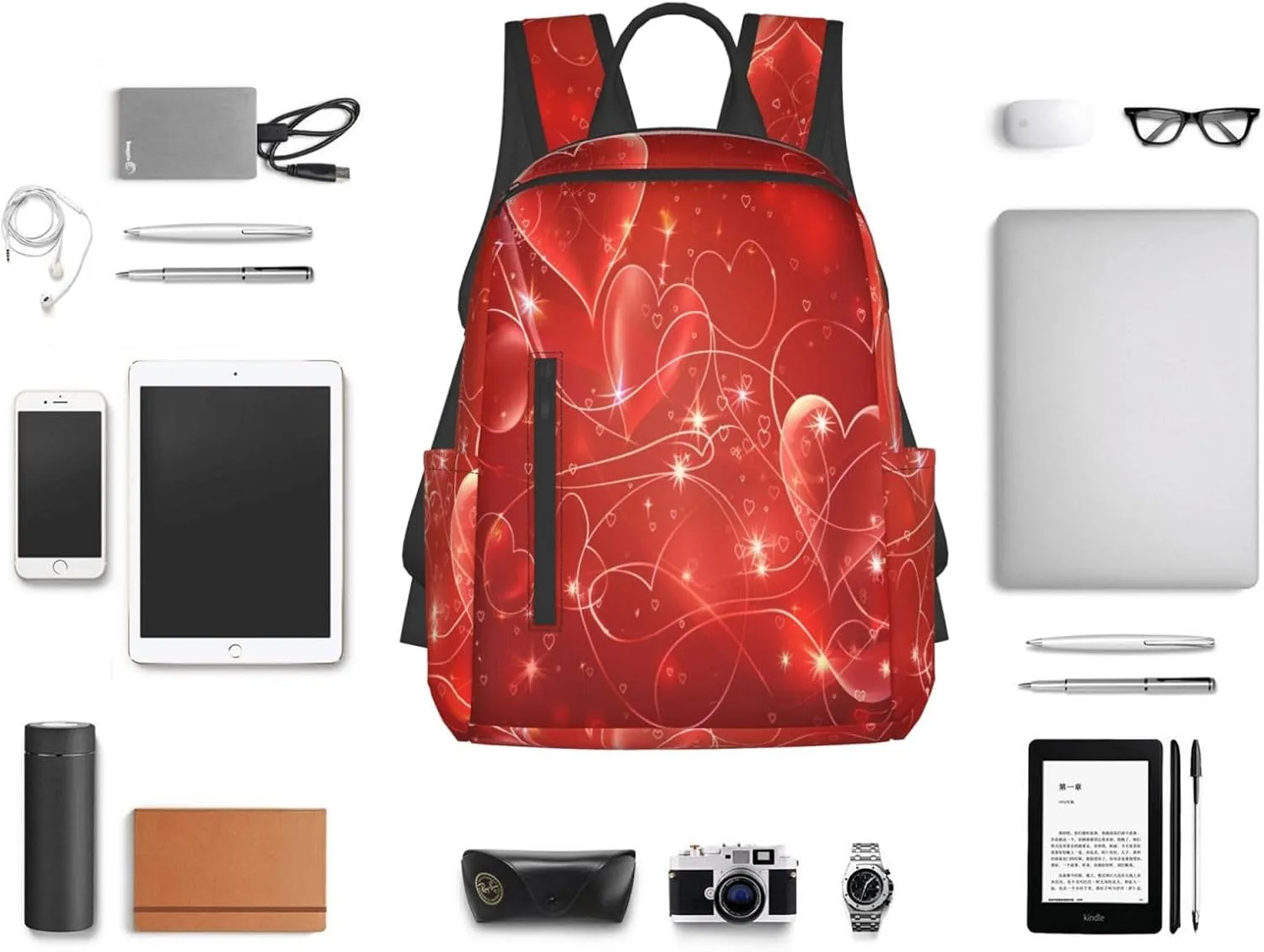 Backpack For Women Men Valentine Romantic Hears Red Bookbag Lightweight Travel Casual Daypack Water Resistant Outdoor Hiking Sport Rucksack