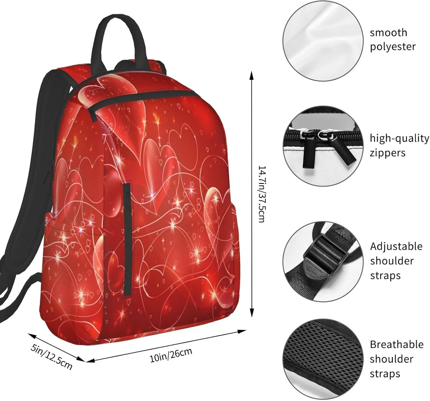 Backpack For Women Men Valentine Romantic Hears Red Bookbag Lightweight Travel Casual Daypack Water Resistant Outdoor Hiking Sport Rucksack