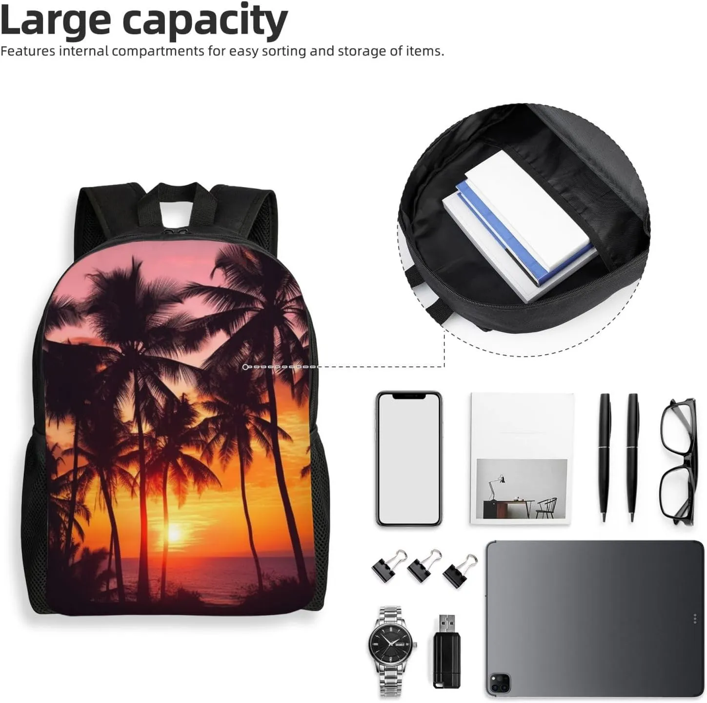 Backpack Travel Laptop Backpack for Men Women Lightweight Rucksack Palm Trees and Sunset Casual Daypack