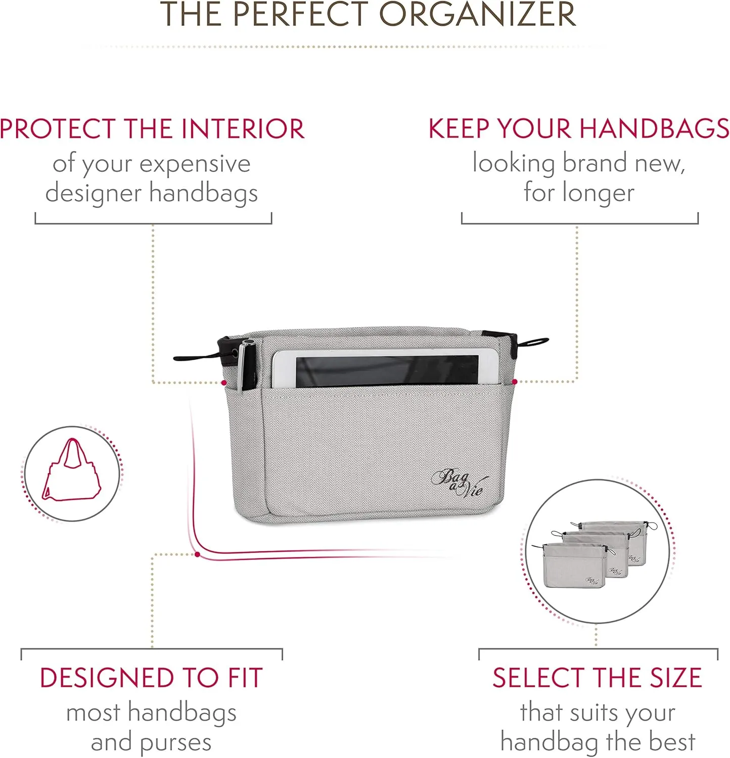 Bag-a-Vie Deluxe Handbag Organizer | Bag Shaper Insert | Five Outer & Inner Pockets | MEDI (11 x 7 x 4)