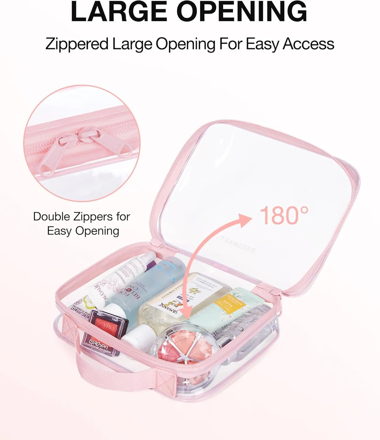 BAGSMART TSA Approved Clear Toiletry Bag, 2 Packs Quart Size Water Resistant Makeup Cosmetic Bags for Women, Airport Airline Travel Essential Carry On Organizer with Handle Large Opening, Pink
