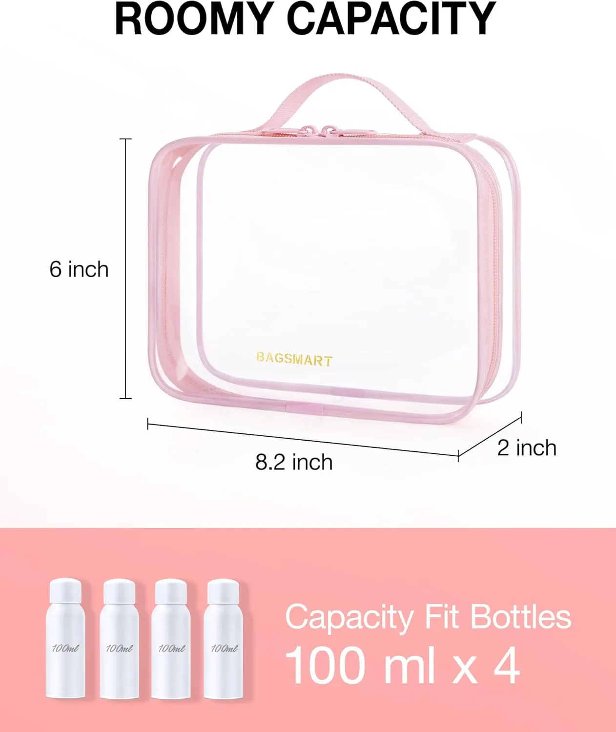 BAGSMART TSA Approved Clear Toiletry Bag, 2 Packs Quart Size Water Resistant Makeup Cosmetic Bags for Women, Airport Airline Travel Essential Carry On Organizer with Handle Large Opening, Pink