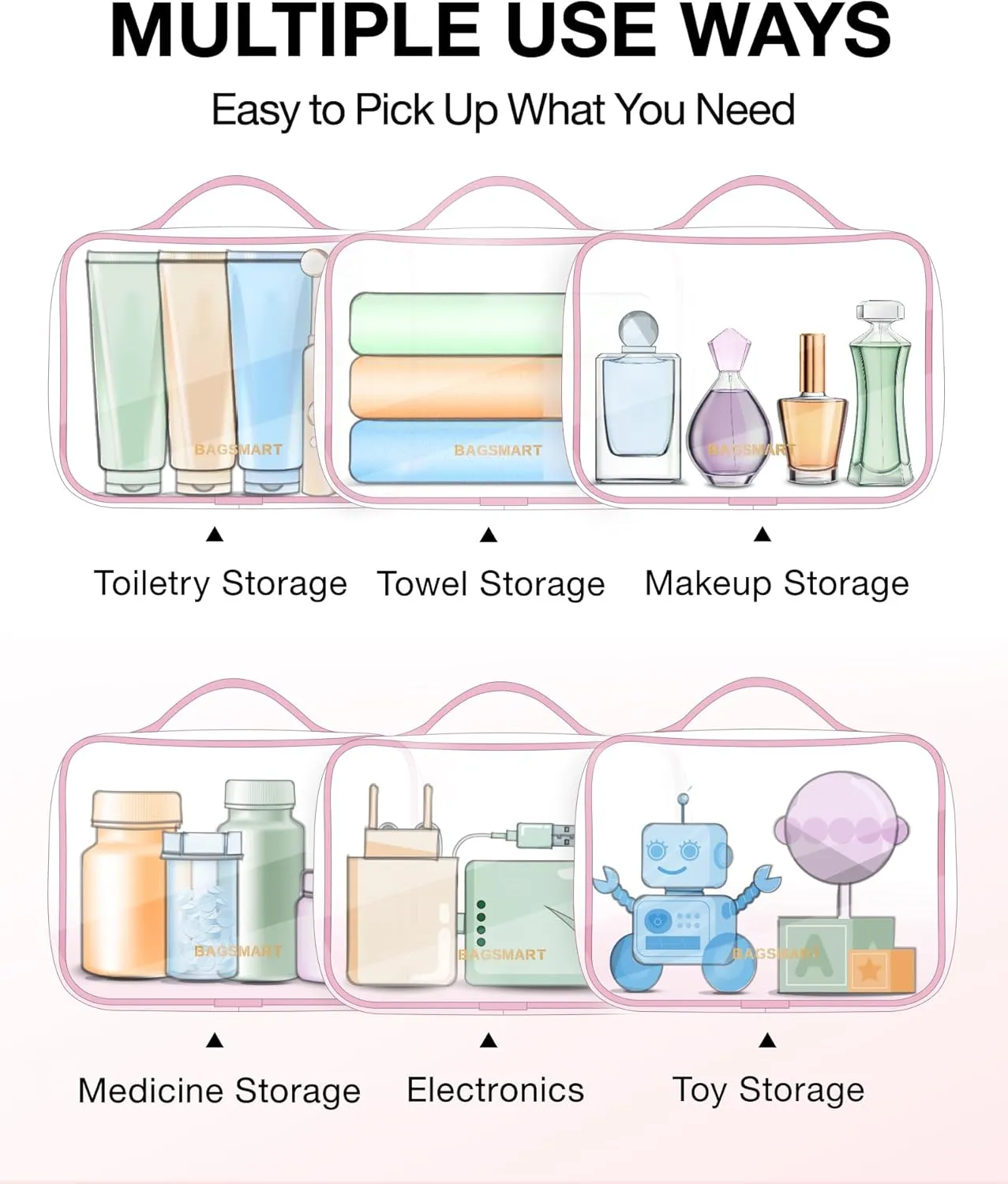 BAGSMART TSA Approved Clear Toiletry Bag, 2 Packs Quart Size Water Resistant Makeup Cosmetic Bags for Women, Airport Airline Travel Essential Carry On Organizer with Handle Large Opening, Pink