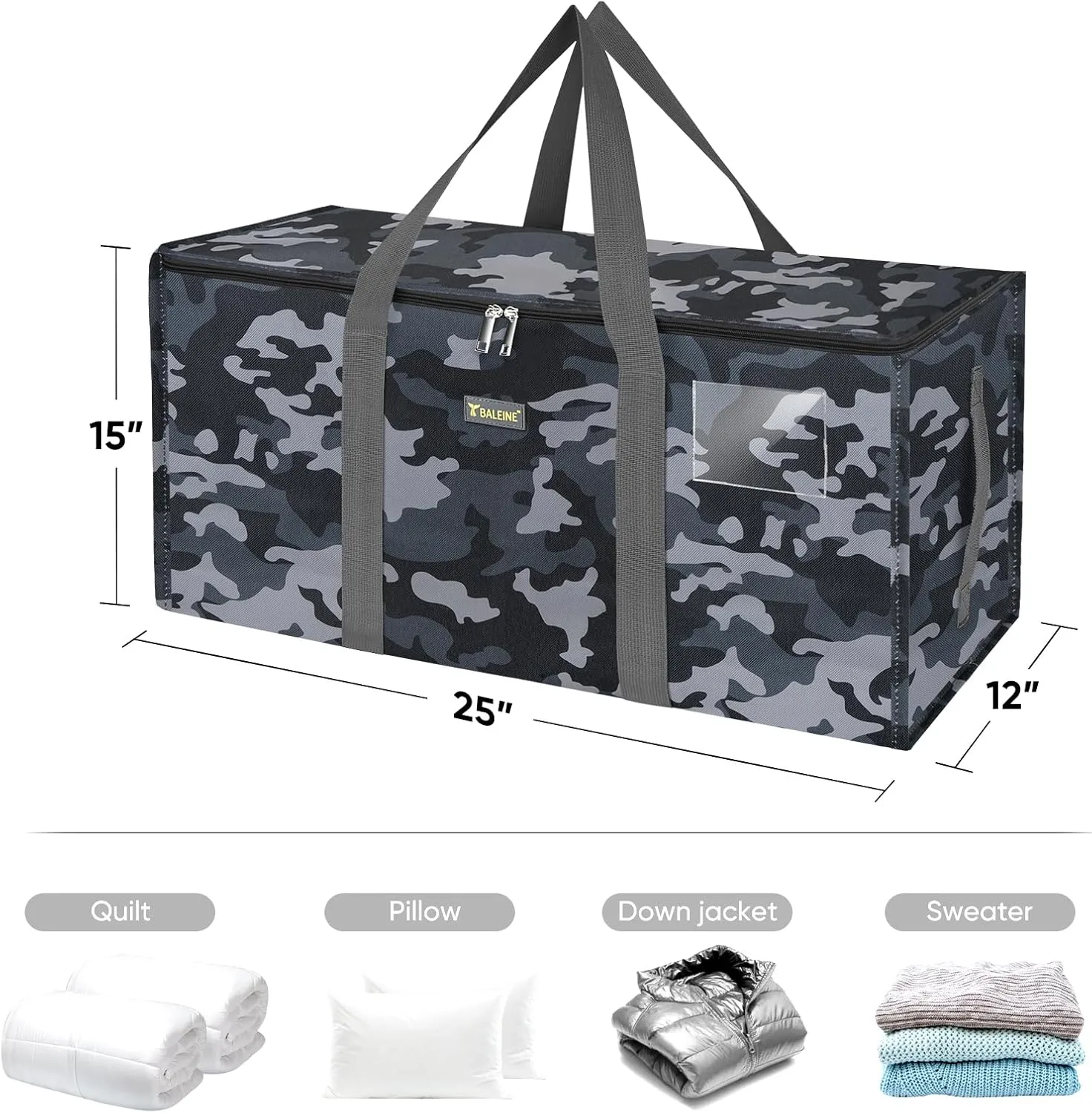 BALEINE Extra Large Storage Tote with Zippers & Carrying Handles, Heavy-Duty Oxford Fabric Moving Bags for Laundry, Space Saving, Storage, Grey Camouflage