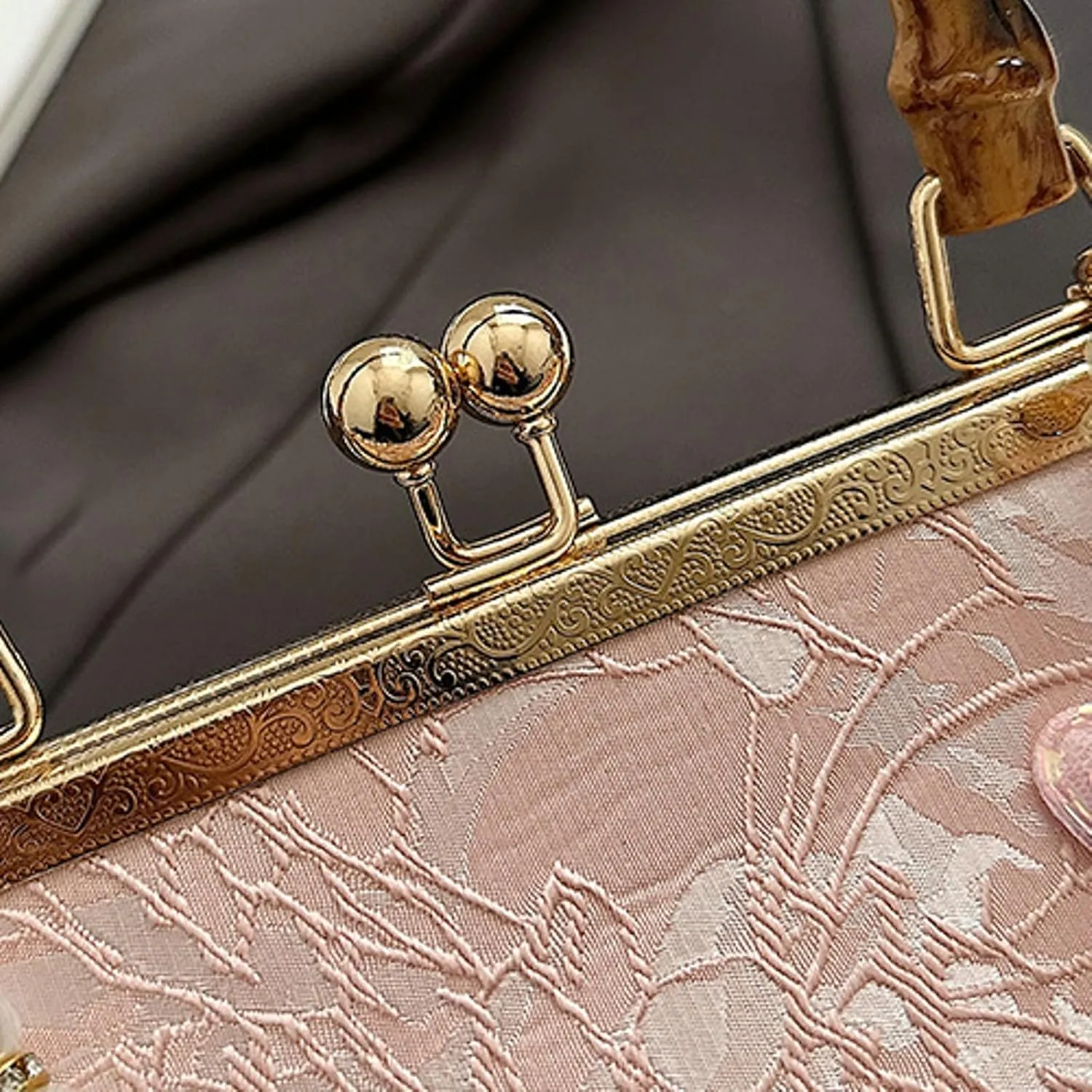 Bamboo Handle Handbag Women Elegant Kiss Lock Clutch with 3D Butterfly Embroidery Crossbody Purse Chinese Style