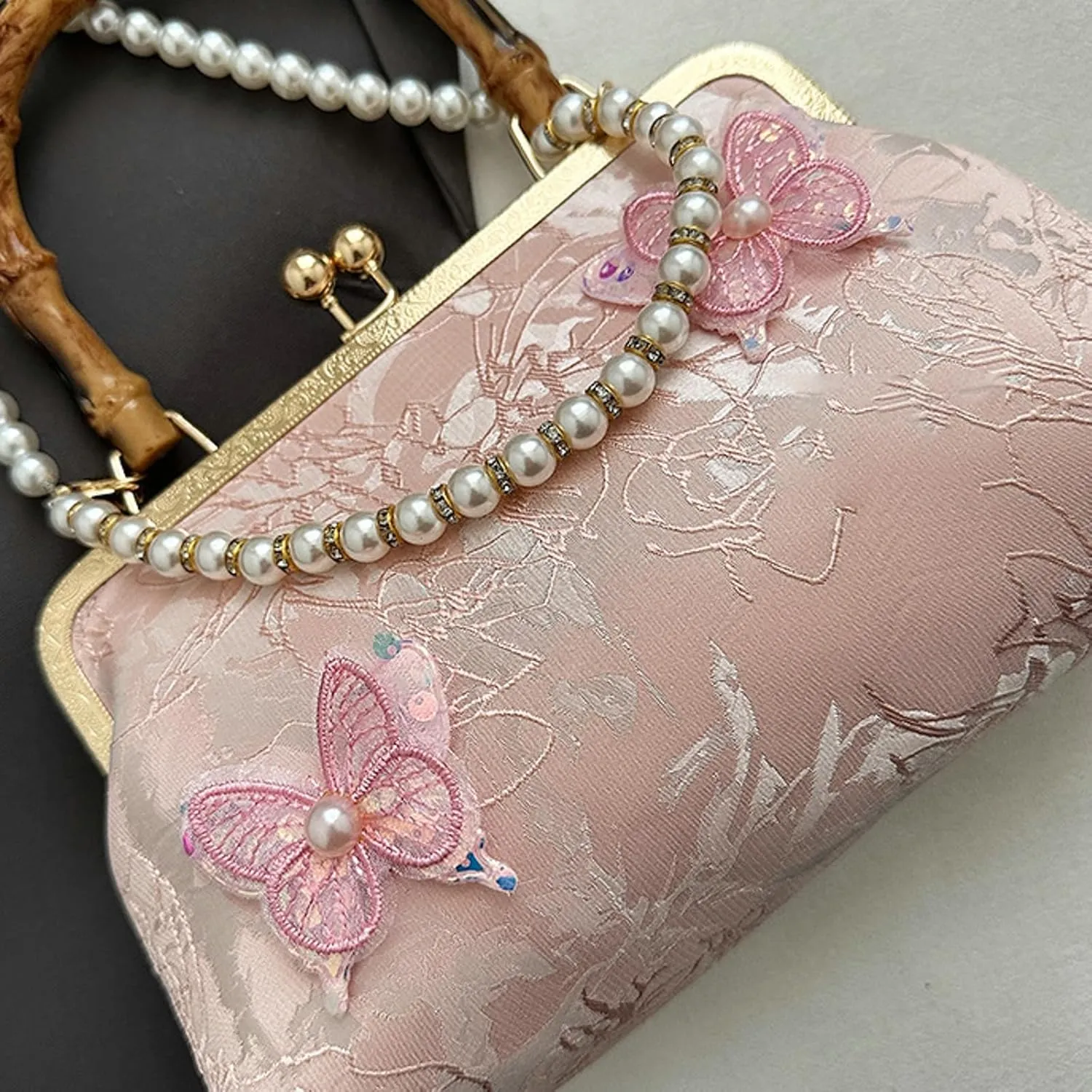 Bamboo Handle Handbag Women Elegant Kiss Lock Clutch with 3D Butterfly Embroidery Crossbody Purse Chinese Style