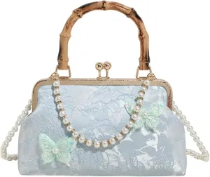 Bamboo Handle Handbag Women Elegant Kiss Lock Clutch with 3D Butterfly Embroidery Crossbody Purse Chinese Style