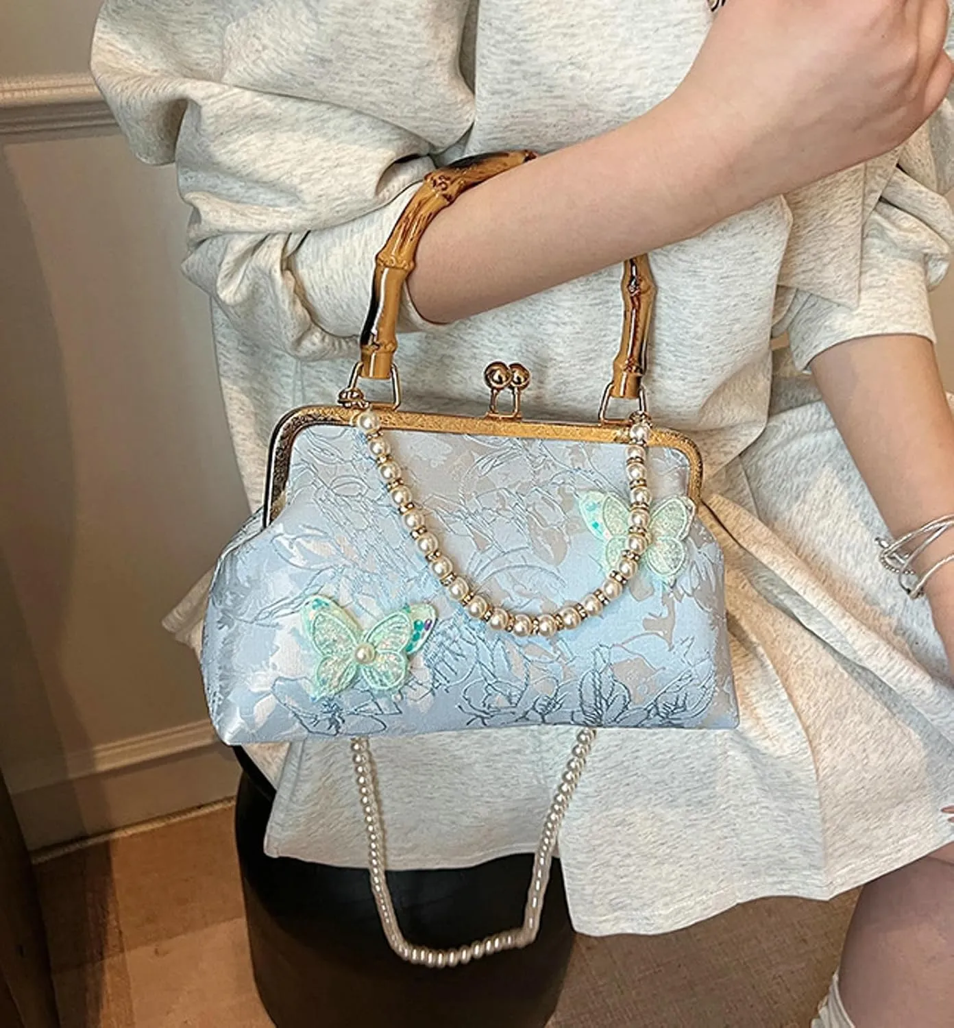 Bamboo Handle Handbag Women Elegant Kiss Lock Clutch with 3D Butterfly Embroidery Crossbody Purse Chinese Style