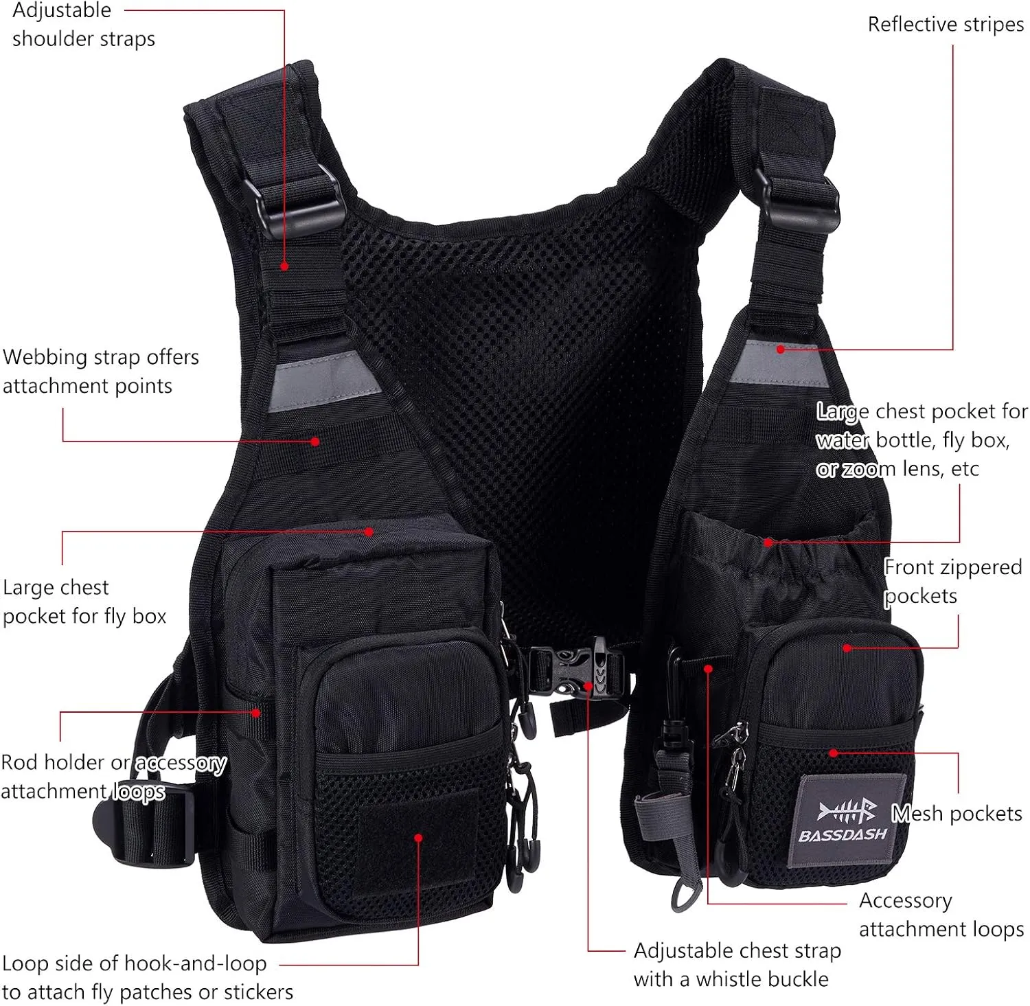 BASSDASH FV08 Ultra Lightweight Fly Fishing Vest for Men and Women Portable Chest Pack One Size Fits Most
