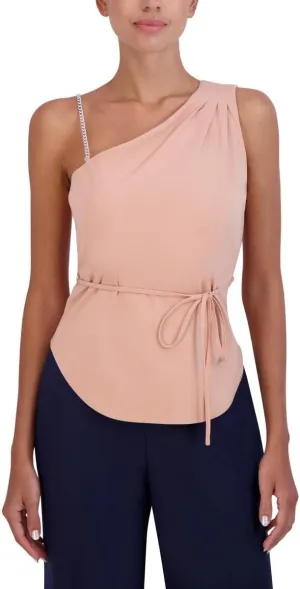 BCBGMAXAZRIA Women's Fitted Top Pleated One Metal Chain Strap Tie Waist Belt Asymmetrical Neck Shirt