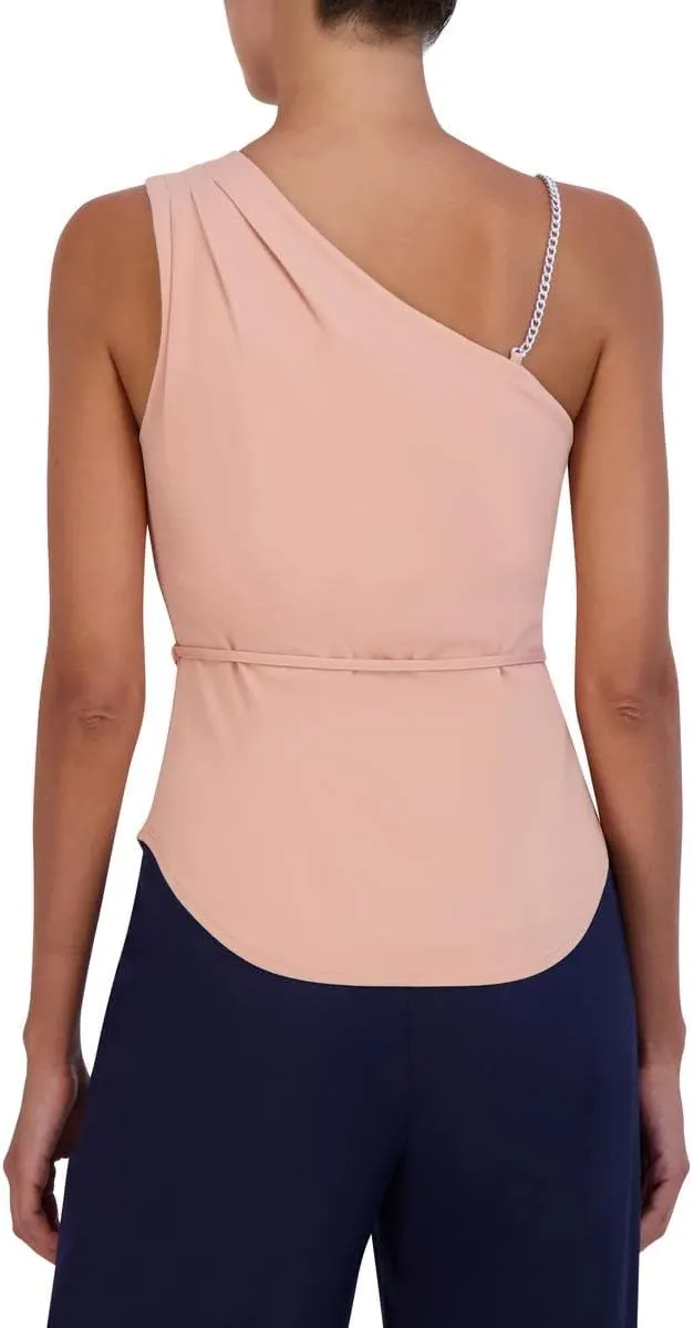 BCBGMAXAZRIA Women's Fitted Top Pleated One Metal Chain Strap Tie Waist Belt Asymmetrical Neck Shirt