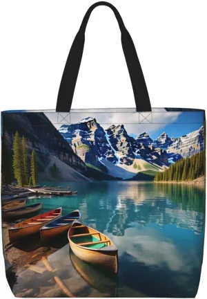 Beach Tote Bag for Women Grocery Bag Reusable Aesthetic Shopping Bags Moraine Lake Canoes Handbag