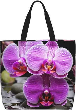 Beach Tote Bag for Women Grocery Bag Reusable Aesthetic Shopping Bags Purple Orchid Handbag
