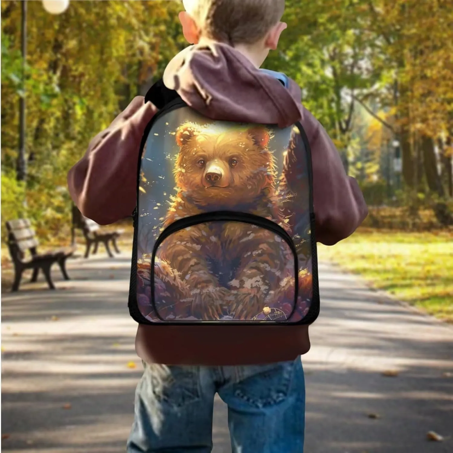 Bear Print Kids Backpack Set for Boys 6-8 Backpack for School 12 Inch Lightweight Rucksack with Foldable Portable Lunch Box Mini Pencil Case for Middle School