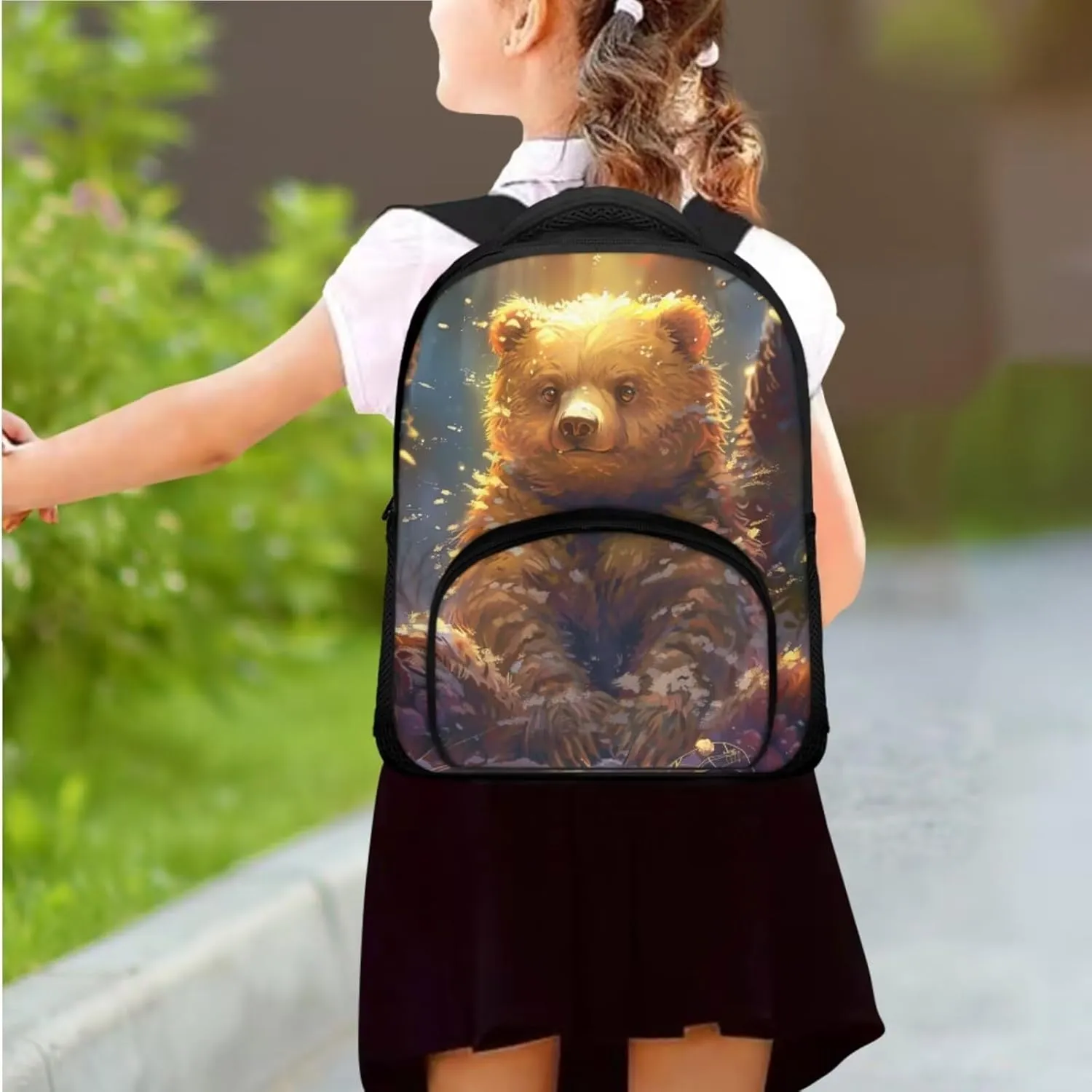 Bear Print Kids Backpack Set for Boys 6-8 Backpack for School 12 Inch Lightweight Rucksack with Foldable Portable Lunch Box Mini Pencil Case for Middle School